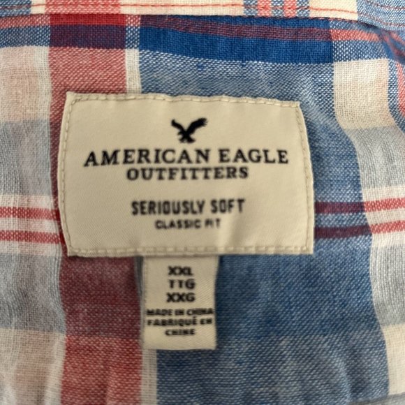 American Eagle Shirt Mens XXL Blue Pink Plaid Button Down Long Sleeve Cotton - Picture 4 of 6